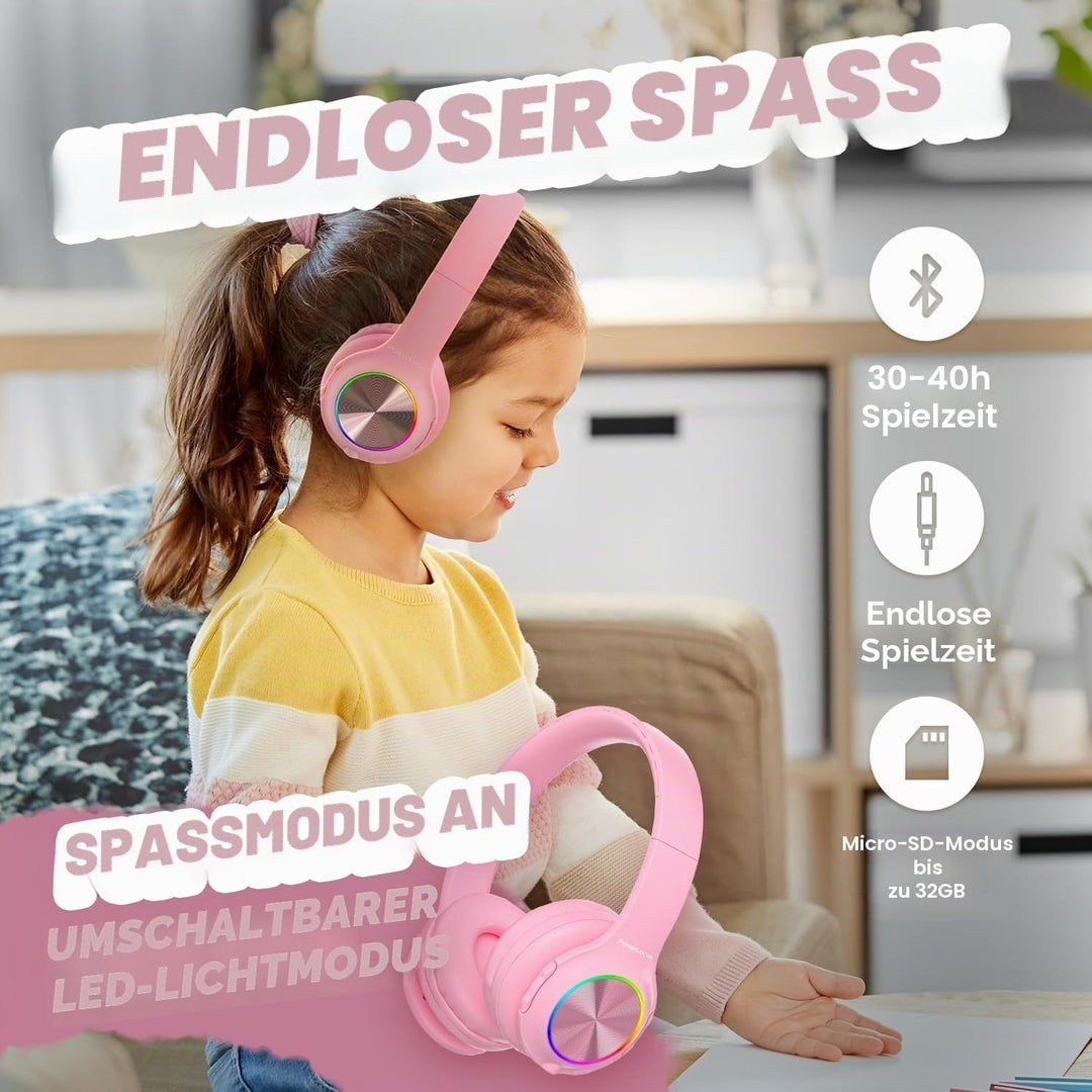 PowerLocus Kinderkopfhörer Bluetooth, Kinder Kopfhörer Kabellos mit LED-Leuchten und 94DB Lautstärke
