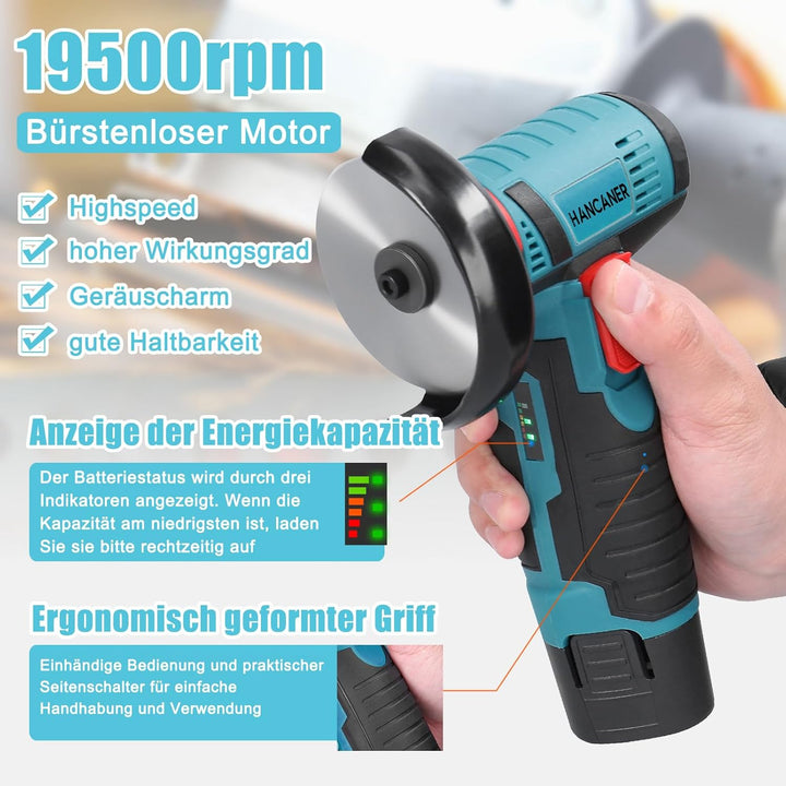 Hancaner Mini Akku Winkelschleifer mit Kunststoffbox 12 V 2×2.0Ah Akku Flex 19500rpm Winkelschleifer
