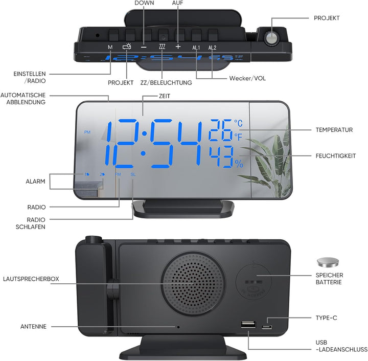 Projektionswecker Radiowecker mit 4 Stufen Bildschirmhelligkeit Digitalwecker mit 12 / 24H Projektio