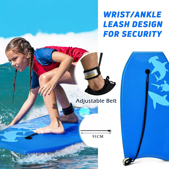 HOMASIS Bodyboard mit Halteleine, Rutschfestes Schwimmbrett aus XPE &amp; HDPE, Surfbrett mit Hai-Aufdru