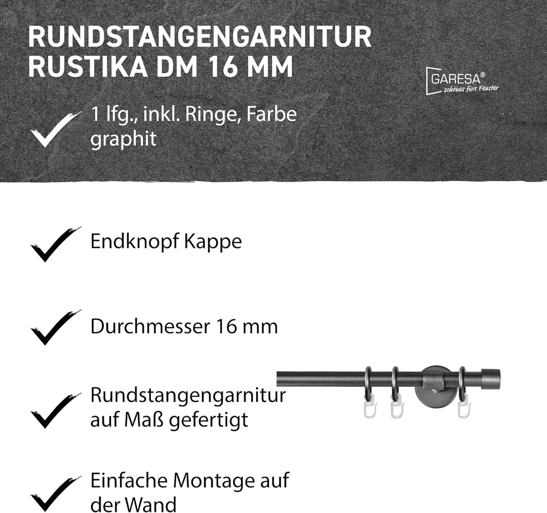 Garesa Gardinenstange Rustika Ø 16mm, 1-läufig, Graphite I Rustikale Vorhangstange aus Metall inkl.