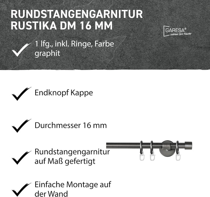 Garesa Gardinenstange Rustika Ø 16mm, 1-läufig, Graphite I Rustikale Vorhangstange aus Metall inkl.