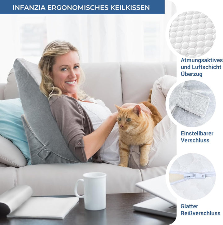 Verstellbares Keilkissen, Hochdichteschaum Lesekissen mit Nackenrolle für Bett und Sofa, Ergonomisch