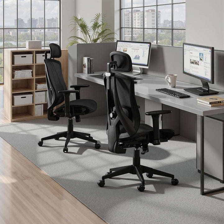 Bürostuhl Ergonomisch mit Verstellbar 3D Armlehne, Kopfstütze und Lendenwirbelstütze, Carbon-Mesh Ga