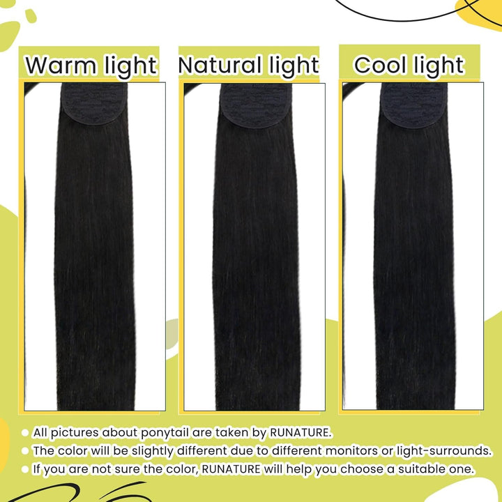 RUNATURE Zopf Echthaar Schwarz 40cm Clip in Ponytail Extension Echthaar Zopf Haarverlängerung Pferde