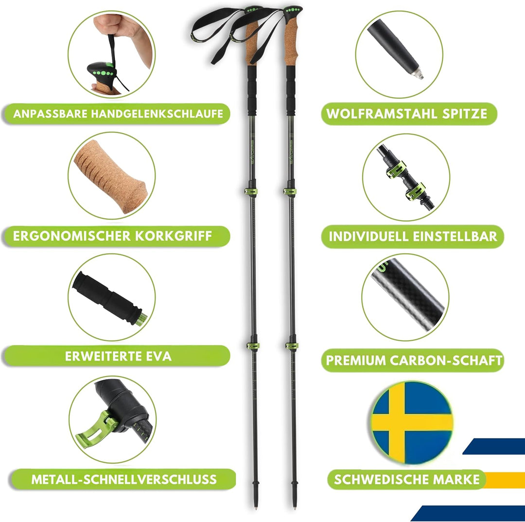 Wanderstöcke Teleskop aus Carbon & Aluminium - Nordic Walking Stöcke mit Korkgriff für Damen & Herre