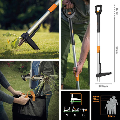 Fiskars Teleskop-Unkrautstecher, Länge 1 - 1,19 m, Rostfreie Stahl-Arme/Kunststoffgriff, Schwarz/Ora