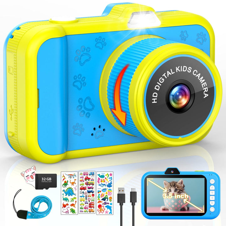 Kinderkamera, 3,5" Grosses Display |360°Rotierendes Zoomobjektiv | Kinder Kamera mit Selfies | LED-B
