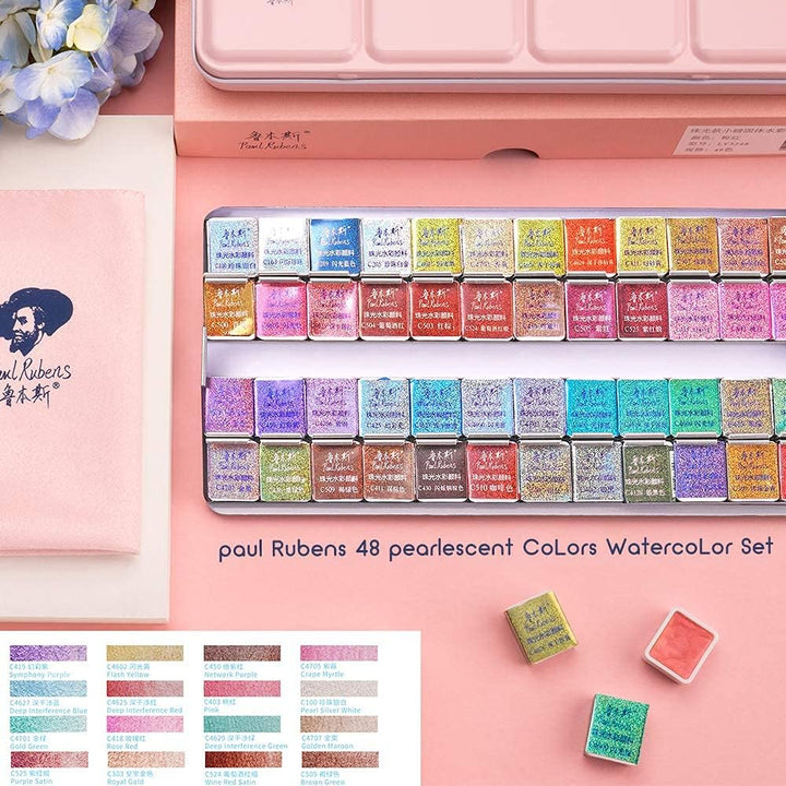 Paul Rubens 48 Aquarellfarben, Perlglanzfarben Solid Wasserfarben Zeichnung Kleine Pfanne mit Metall