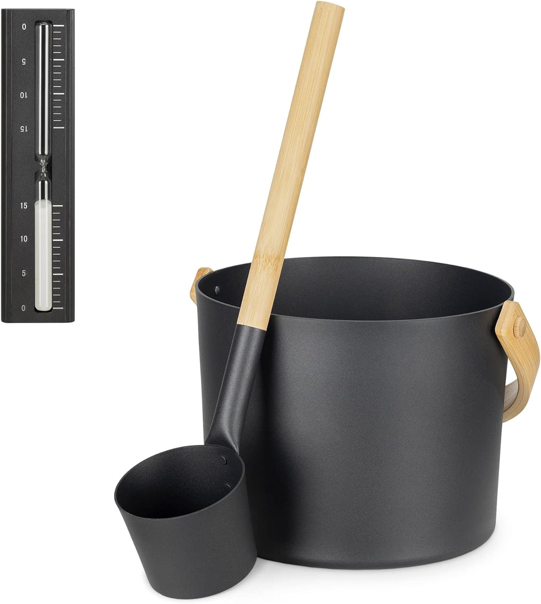 Navaris Aluminium Saunakübel mit Kelle und Sanduhr - Metall Sauna Kübel - Aufgusseimer Set 3tlg. Sau