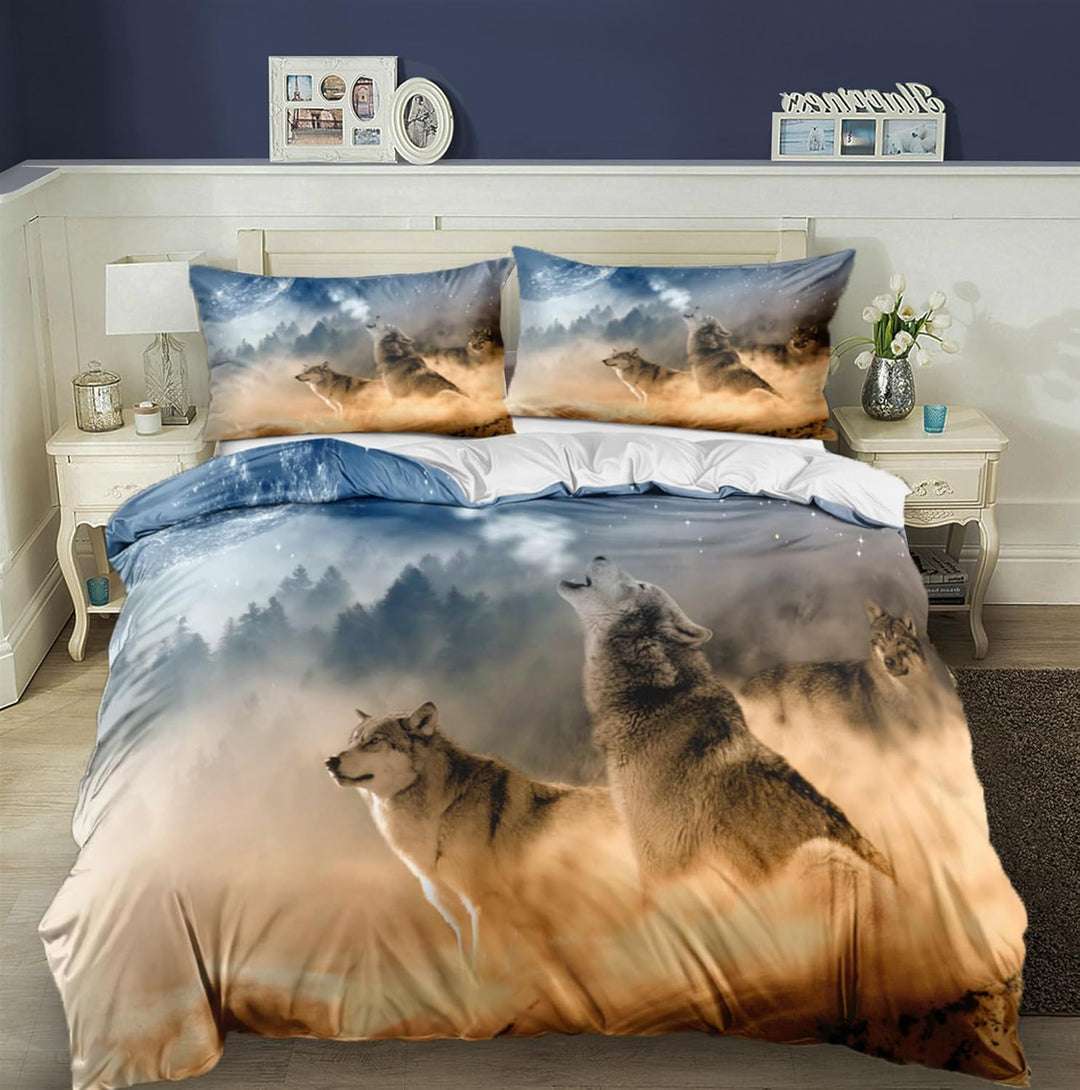 CIUNVXD 3D Wolf Theme Muster Bettbezug,3D Realistisches Tier Wolf Motiv Bettwäsche Set,Wolf-Motiv-Dr
