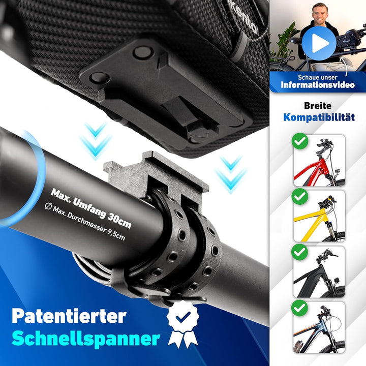 Valkental® Fahrrad Rahmentasche [Innovativer Adapter] Wasserfeste Oberrohrtasche mit Schnellspanner