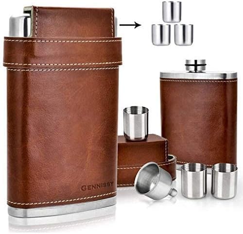 GENNISSY Edelstahl Flachmann,8oz braunes Leder mit 3 Bechern und Trichter, 100% auslaufsicher Braun