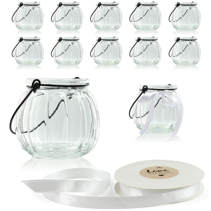 WeddingTree 12 x Windlicht Glas mit Bügel und Dekoband weiss - Teelichtgläser - Einfach Abnehmbarer