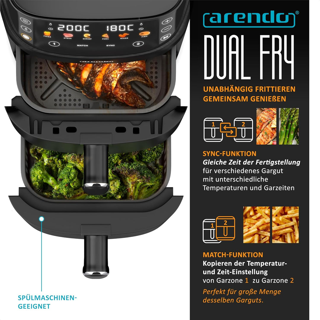 Arendo - Mini Heissluftfritteuse 2 Kammern - 5 Liter Doppelstock – 2000 Watt – 2 Frittierbehälter in