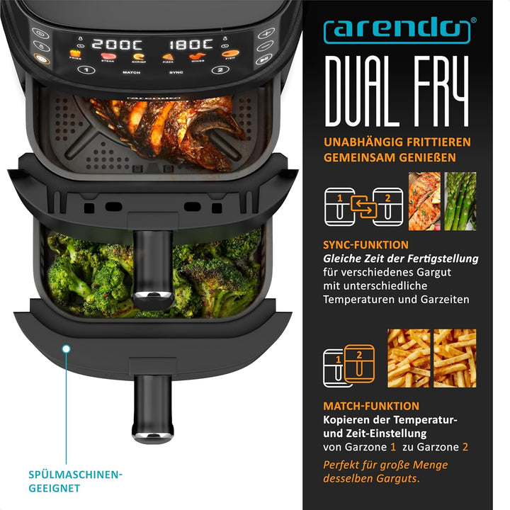 Arendo - Mini Heissluftfritteuse 2 Kammern - 5 Liter Doppelstock – 2000 Watt – 2 Frittierbehälter in