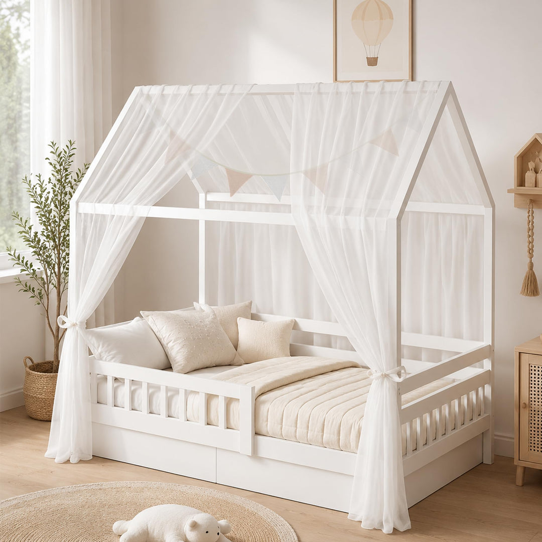 iLuane Kinderbett Baldachin Weiss mit 3 m Baumwoll-Wimpelgirlande, Hausbett Deko Set mit 2 Tüll Vorh