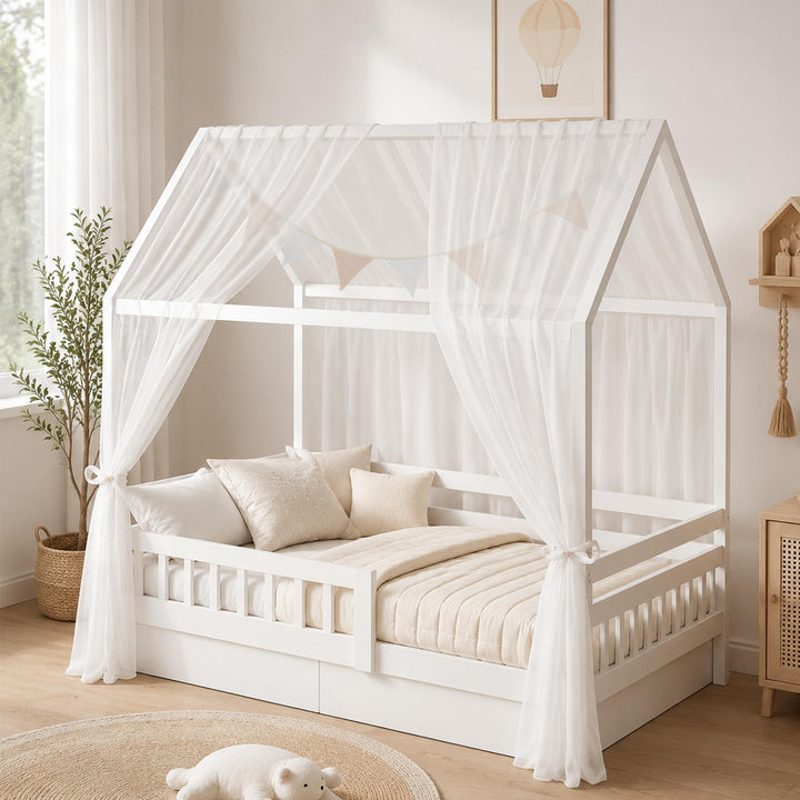 iLuane Kinderbett Baldachin Weiss mit 3 m Baumwoll-Wimpelgirlande, Hausbett Deko Set mit 2 Tüll Vorh