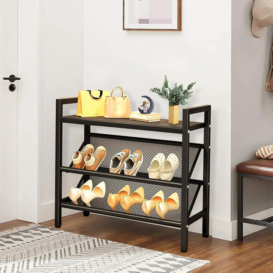 Kompaktes Schuhregal, Schrägtes 3 Ebenen, Schuhschrank Schmal, Schuhständer aus Metall, Schuhaufbewa