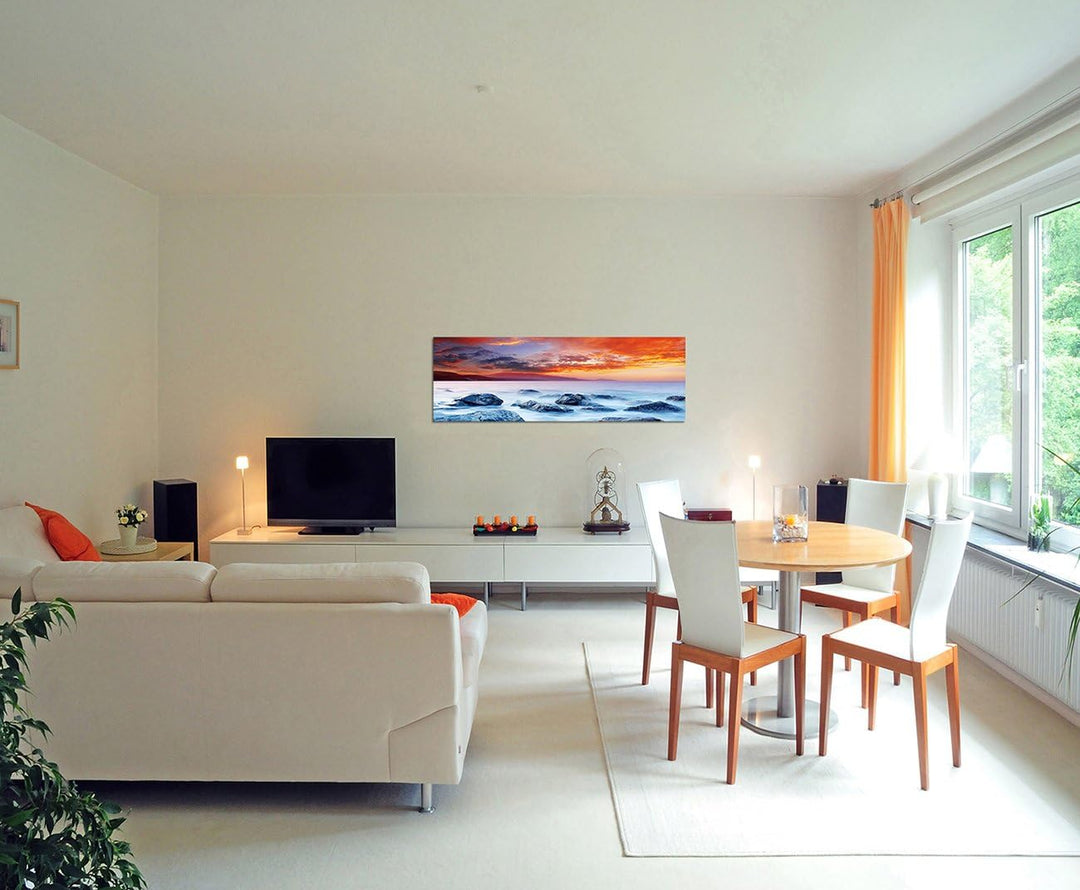 Paul Sinus Art Panoramabild auf Leinwand und Keilrahmen 150x50cm Meer Dunst Sonnenuntergang Steine