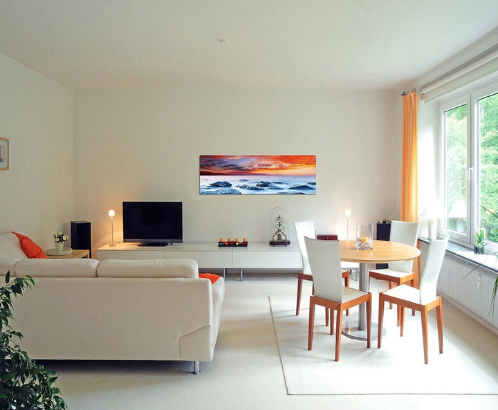Paul Sinus Art Panoramabild auf Leinwand und Keilrahmen 150x50cm Meer Dunst Sonnenuntergang Steine
