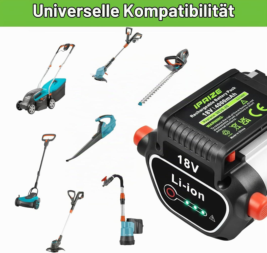 iPrize 18V 4000mAh Li-Ion Ersatzakku für Gardena BLi-18 9840-20 9839-20 Kompatibel mit Gardena 18V W