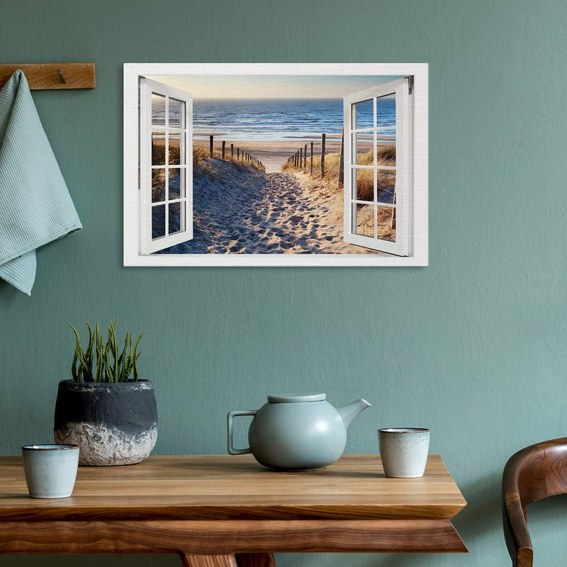 PICANOVA – Bild auf Leinwand Weg zum Meer Fenster 60x40cm – Leinwandbild – Premium Leinwanddruck – W