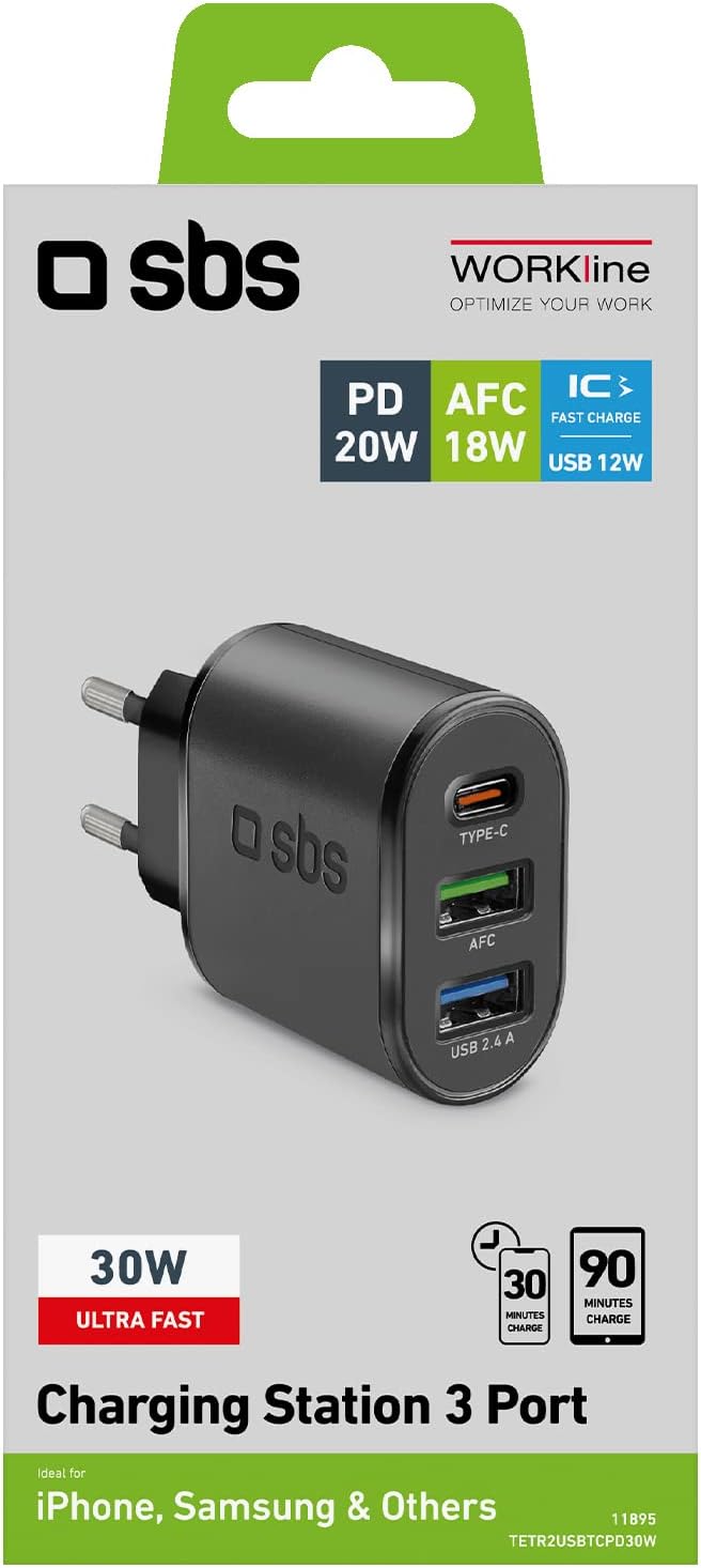 SBS 30W Multi-USB-Ladegerät, Ladegerät mit USB C Power Delivery und 2 USB A, Ladegerät für iPhone, S