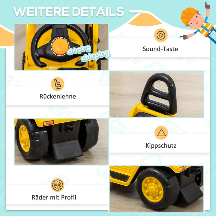 HOMCOM Sitzbagger Aufsitzbagger mit drehbarer Verstellbarer Schaufel, Hupe Kinderbagger mit Stauraum