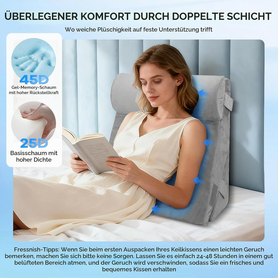 Keilkissen für Bett und Sofa, Doppelte Lage Memory Schaum Lesekissen, Verstellbares Keilkissen, Ergo