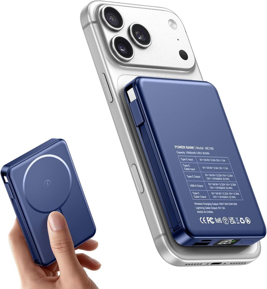 Magsaf Power Bank 10000mAh，Wireless Magnetische Powerbank Schnelles Laden mit LED-Display Mini Power