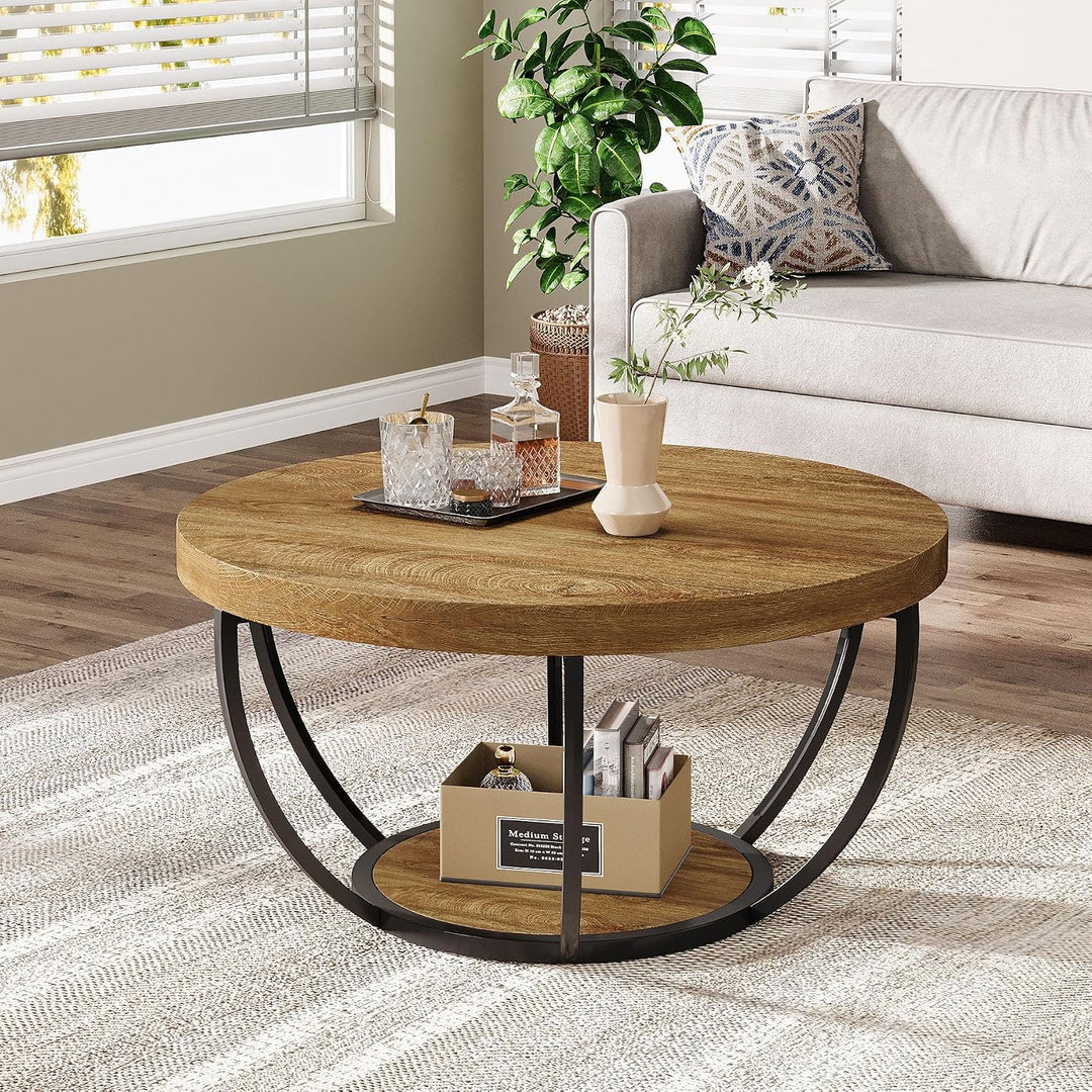 Tribesigns Runde Couchtisch, Industrial 2-Tier-Kreis Couchtisch mit Lagerung Regale, Moderne hölzern