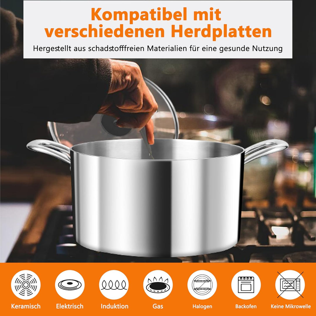 TEAMFAR Kochtopf, 3-Lagen Edeastahl 22cm Topf Induktion mit Glasdeckel, 4,75L Nudeltopf Fleischtopf