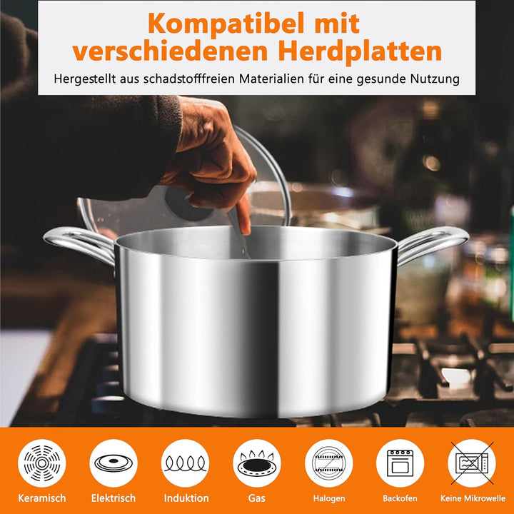 TEAMFAR Kochtopf, 3-Lagen Edeastahl 22cm Topf Induktion mit Glasdeckel, 4,75L Nudeltopf Fleischtopf