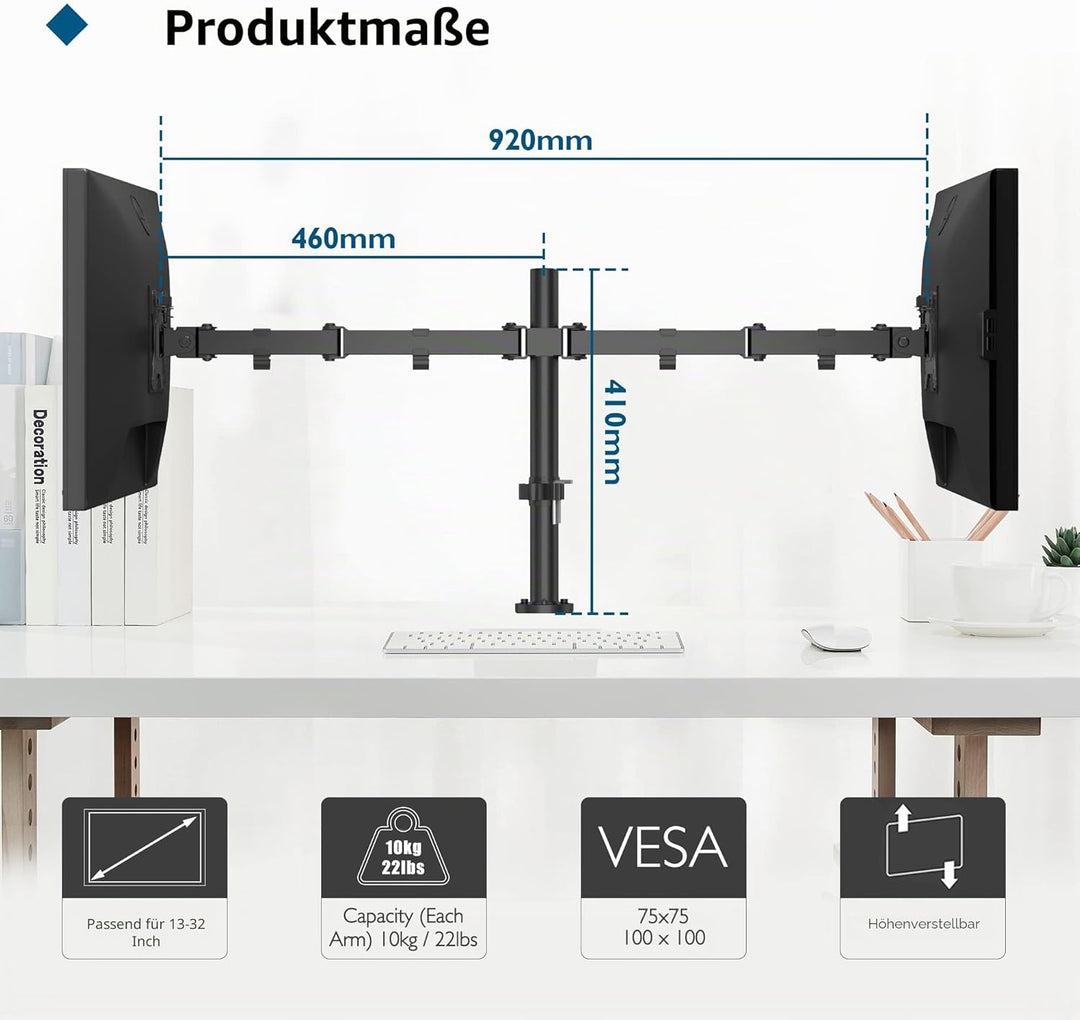 BONTEC PC-Monitorhalterung für 2 Monitore von 13 – 32 Zoll, PC-Monitorarm höhenverstellbar, drehbar
