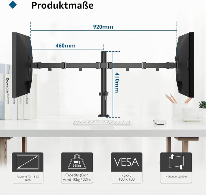 BONTEC PC-Monitorhalterung für 2 Monitore von 13 – 32 Zoll, PC-Monitorarm höhenverstellbar, drehbar