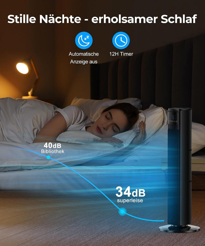 PNTCK Turmventilator, Ventilator leise mit Fernbedienung, 90° oszillierender Standventilator mit 4 G