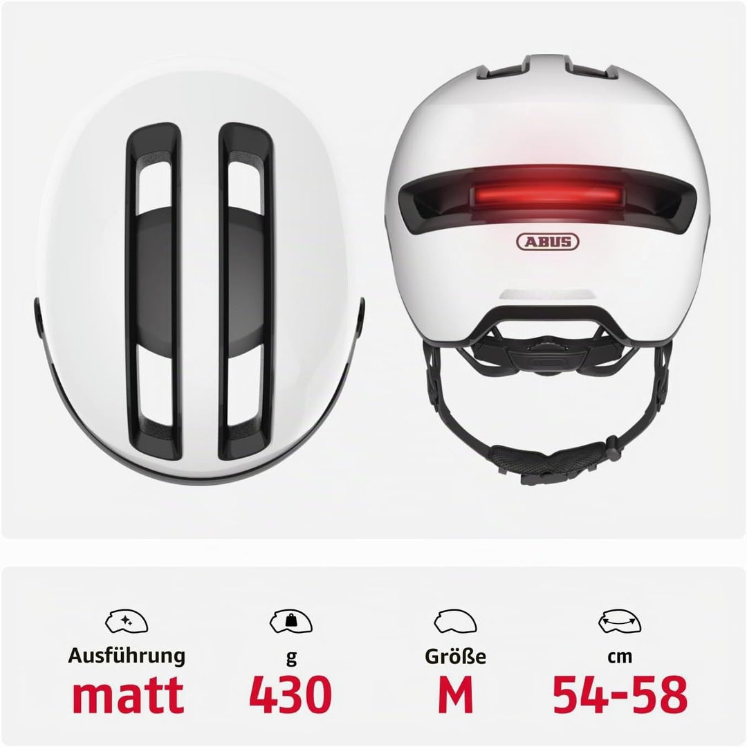 ABUS Stadthelm HUD-Y ACE - stylischer Fahrradhelm mit Visier und magnetischem, aufladbarem LED-Rückl