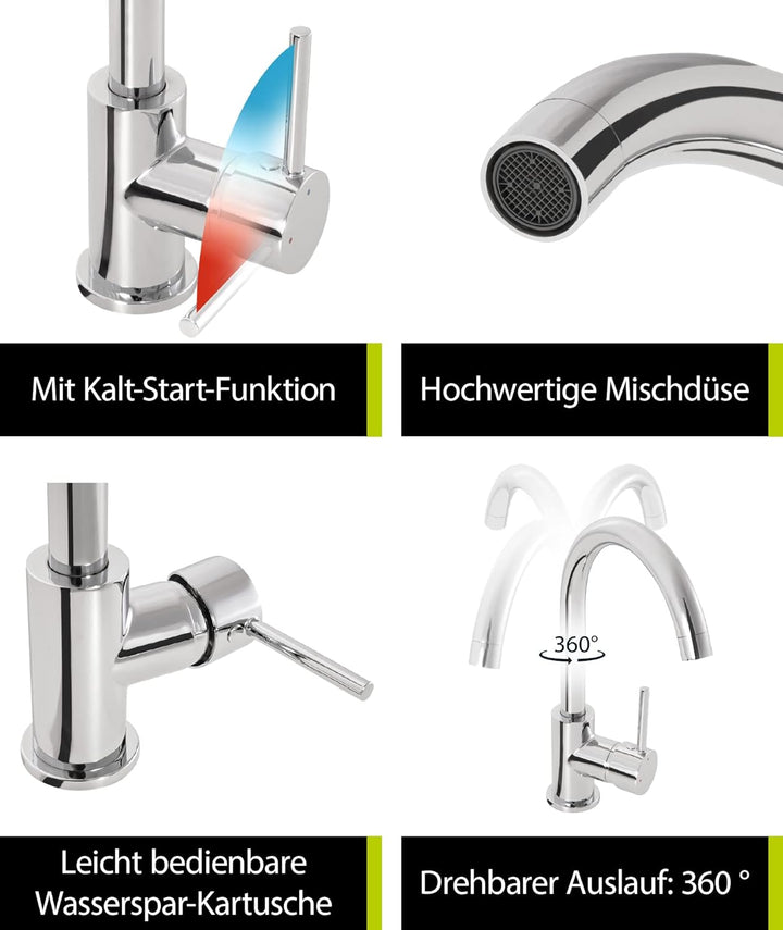 'aquaSu® Spültischarmatur Kira mit Wasserspar-Kartusche, Kosten-sparende Kaltwassermittelstellung, h