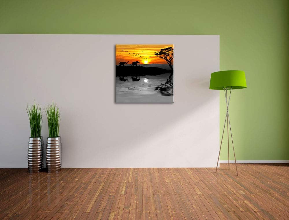 Pixxprint Afrikanische Steppe mit Elefanten schwarz/weiss, Format: 70x70 auf Leinwand, 70x70