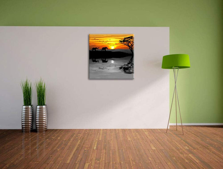 Pixxprint Afrikanische Steppe mit Elefanten schwarz/weiss, Format: 70x70 auf Leinwand, 70x70