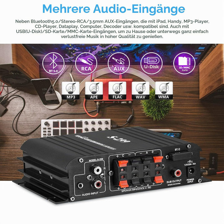 HiFi 4.0-Kanal Verstärker Bluetooth Digital Leistungsverstärker für Heim/Auto Bass Audioverstärker A