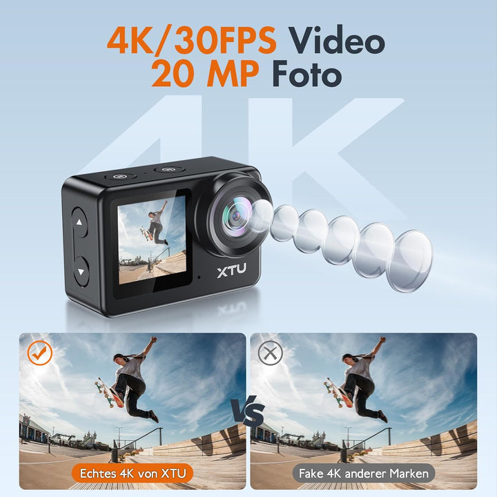 XTU Action Cam 4K30FPS 20MP Ultra HD 2,0 Zoll LCD Touchscreen 40M Unterwasserkamera mit 64GB U3 Spei