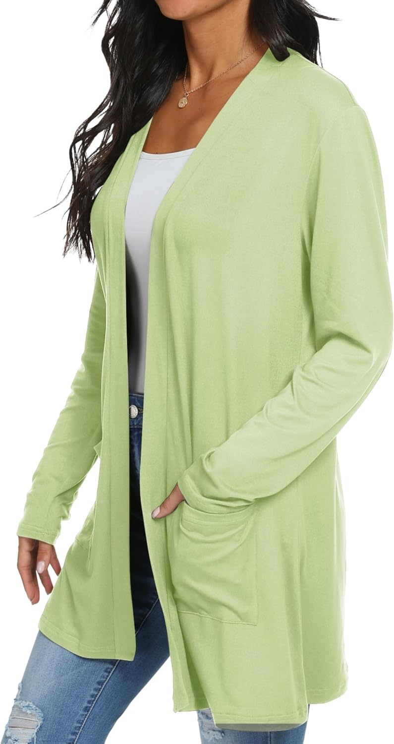 QIXING Casual Leichte Strickjacke Damen Lang Elegant Dünne Strickjacke Lange Ärmel mit Taschen Open