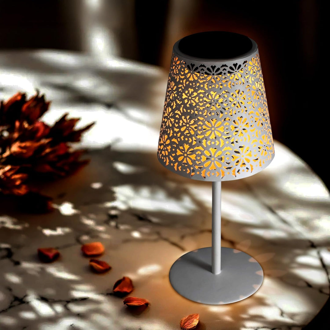 Solar Retro Tischleuchte aus Metall in weiss - 28 x 12 cm - Vintage Garten Tischlampe warm weiss - D