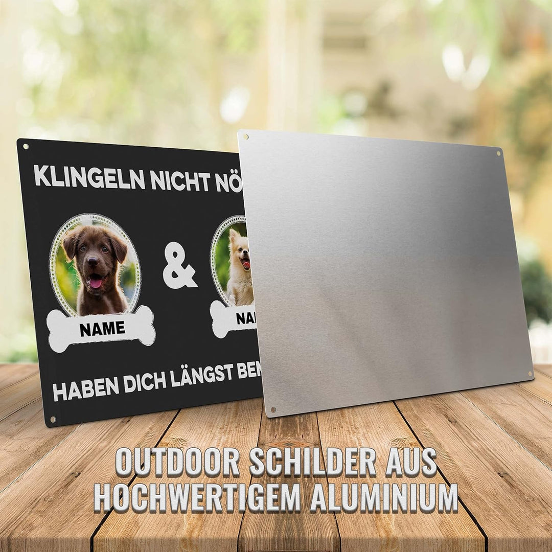 Hunde Schild personalisiert - Klingeln nicht nötig - Metallschild mit Foto und Name für aussen, wett
