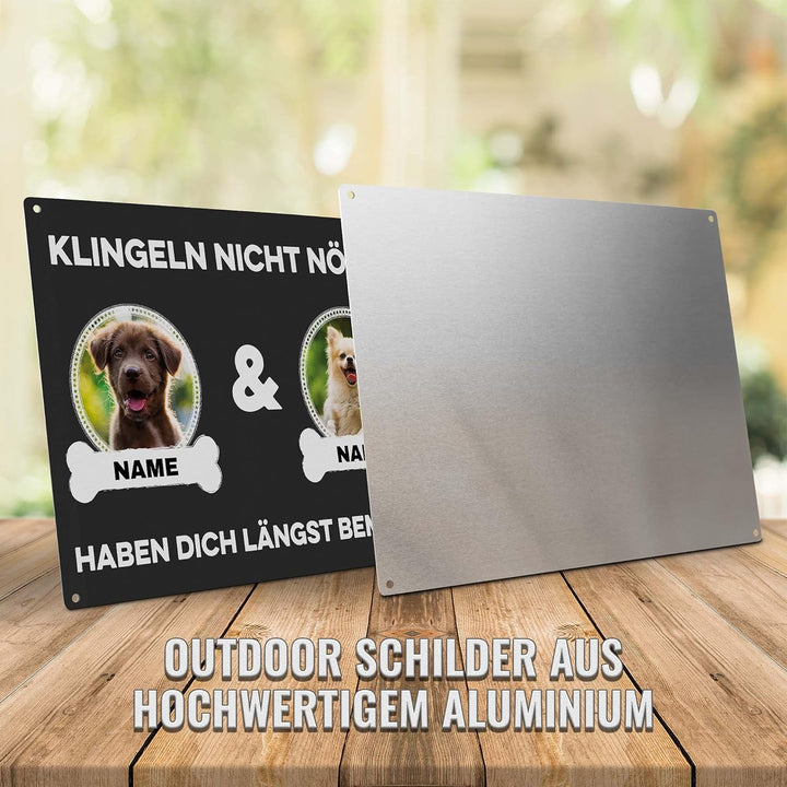 Hunde Schild personalisiert - Klingeln nicht nötig - Metallschild mit Foto und Name für aussen, wett