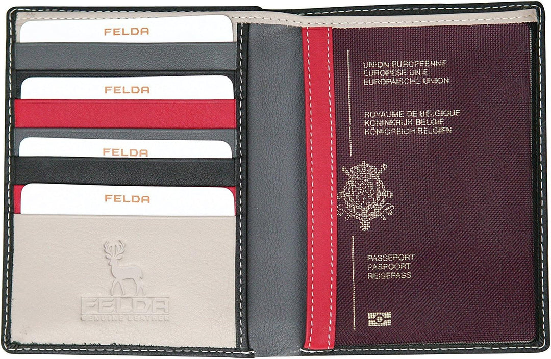 Felda - Reisegeldbörse mit Organizer für Reisepass & Karten - RFID-Blocker - aus Leder - Schwarz Meh