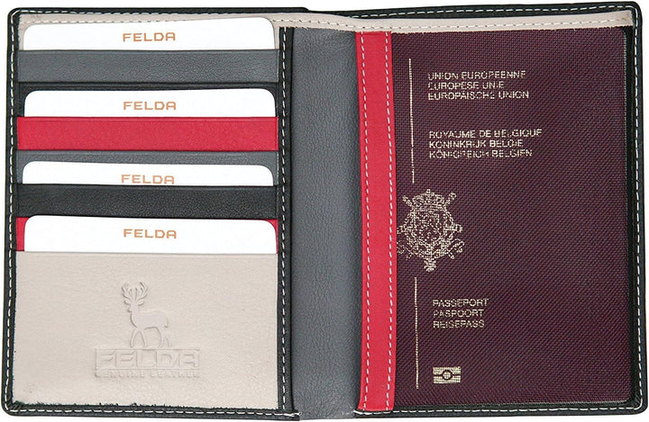 Felda - Reisegeldbörse mit Organizer für Reisepass & Karten - RFID-Blocker - aus Leder - Schwarz Meh