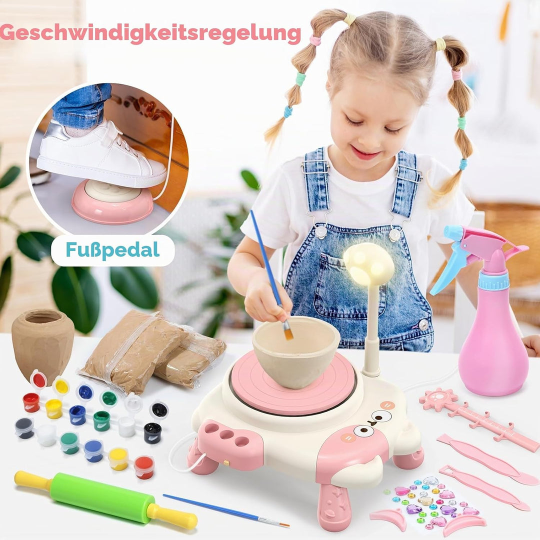 Skirfy Elektrische Töpferscheibe für Kinder, Keramik-Töpferset mit Licht und Malset, einstellbare Ge